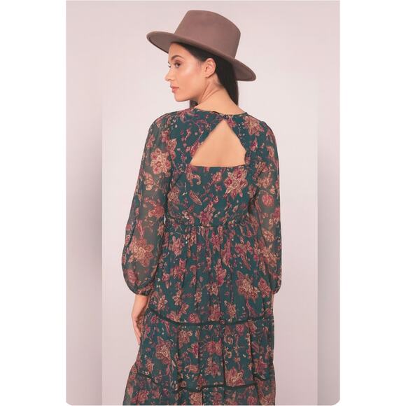 Band of the Free XS Dark Green Floral Boho Cottage Maxi Dress tiered - Picture 8 of 13